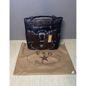 P & G Collections Western Style Brown Leather Purse w/Metal & Faux Diamond Studs